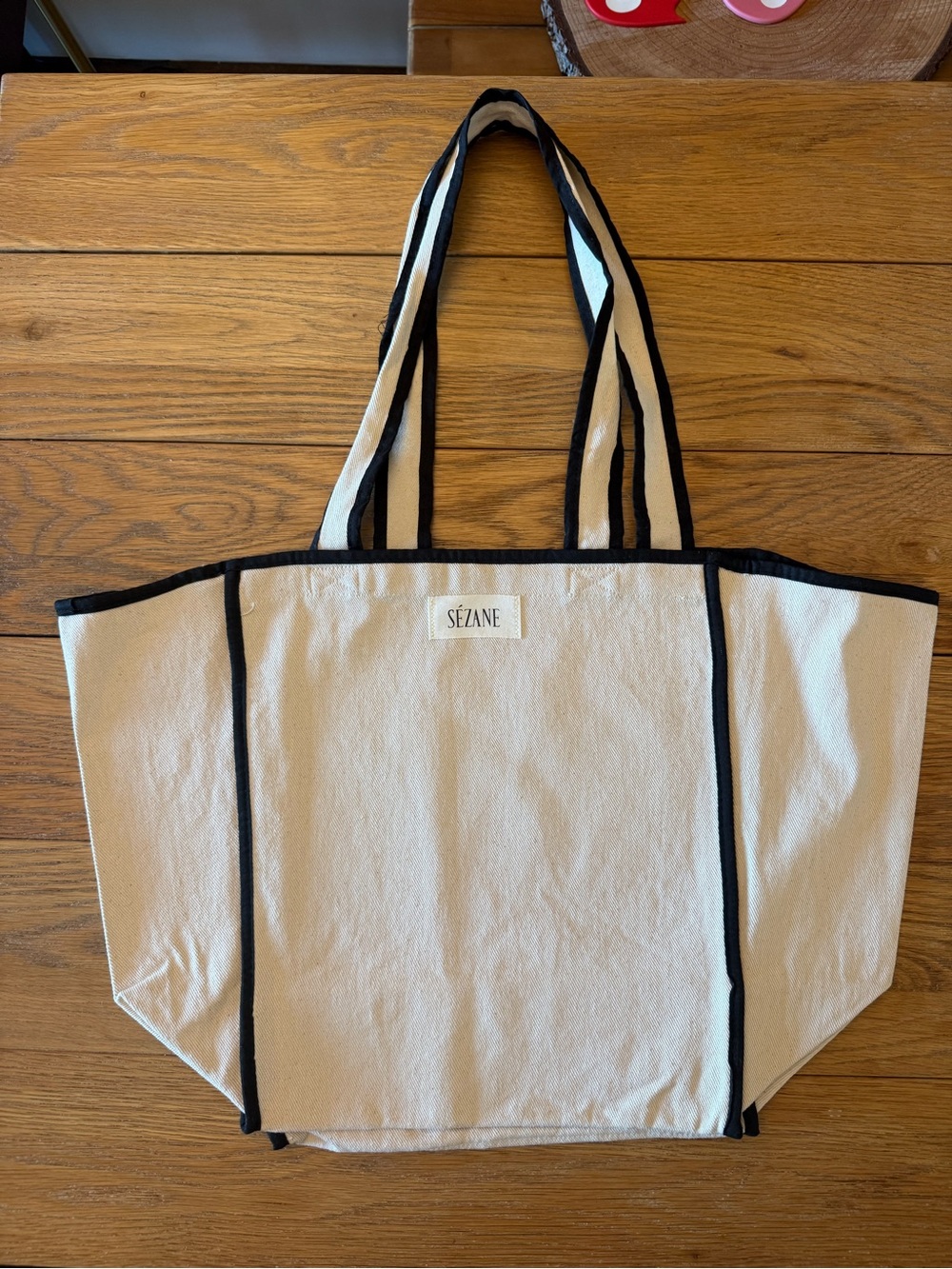 Sézane Cream Canvas Tote with Black Trim